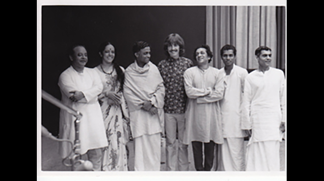 Ravi Shankar, George Harrison, Alla Rakha, Kamala Chakravarty in India in the late early 1970s